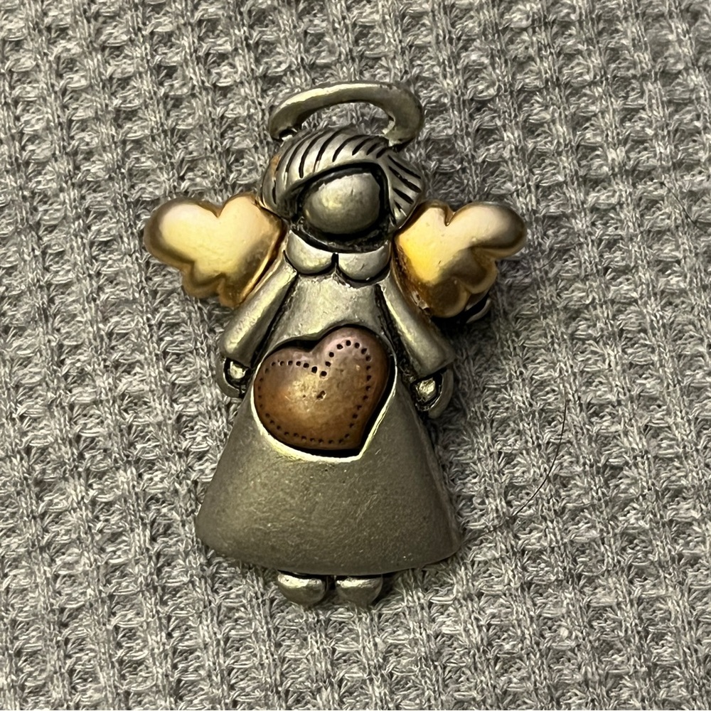 AJMC Vintage Pin Brooch Guardian Angel Pewter Gold Wings Copper Heart
